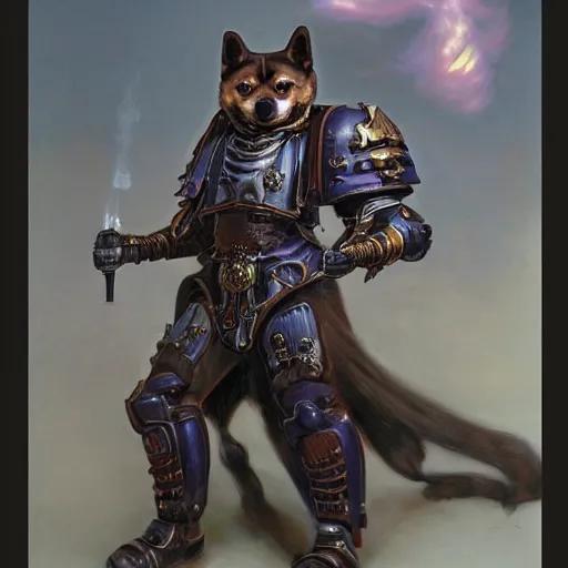 Image similar to wearing warhammer 4 0 k champion black armor, anthropomorphic shiba inu, shiba inu face, stuning 3 d render, masterpiece, glowing aura, by donato giancola and greg rutkowski and wayne barlow and zdzisław beksinski, realistic face