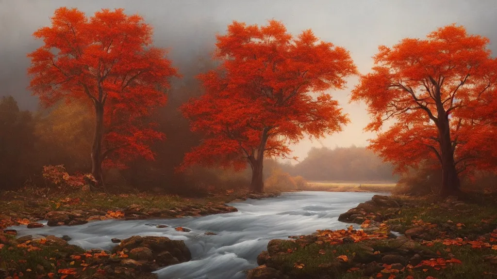 Image similar to A beautiful oil painting of a single tree, the tree is in the rule of thirds, a person is under the tree reading a book, the fall has arrived and the leafs started to become golden and red, the river is flowing its way, the river has lots of dark grey rocks, oil painting by Greg Rutkowski