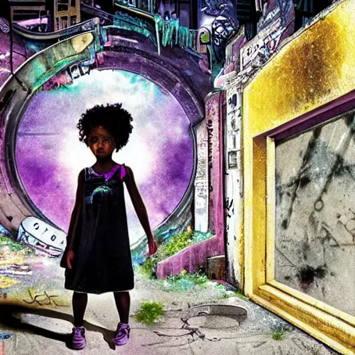 Prompt: a little black girl on a dilapidated sidewalk looking through a dirty graffiti wall into a round portal. inside the portal is a beautiful vaporwave cosmic futuristic city, illustration, intricate details, highly detailed, fantasy art style, art by john collier and albert aublet and krenz cushart