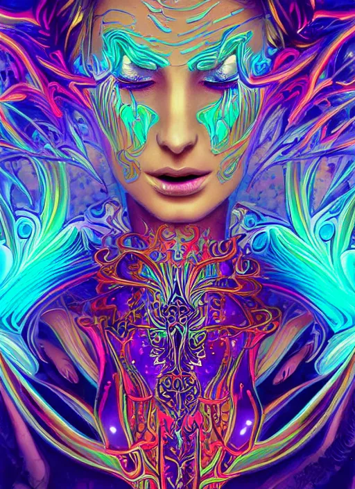 Image similar to psychedelic [ [ [ [ chemiluminescence ] ] ] ] elegant woman chakra spirit with smoke and fluid dynamics, colorful, psychedelic, ornate, intricate, digital painting, concept art, smooth, sharp focus, illustration, blacklight reacting, art by artgerm and greg rutkowski