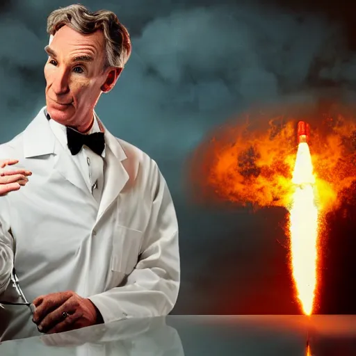 Image similar to bill nye the science guy launching a nuclear bomb, looking enlightened, 4k, photography, detailed, detailed face, sharp, cinematic lighting