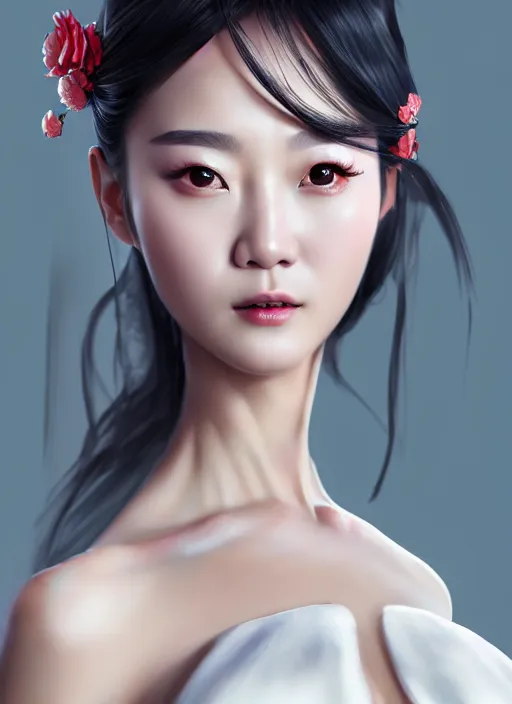 Prompt: beautiful fashion chinese movie star, strapless dress, character portrait in the style of thomas river and artgerm, wlop, cinematic lighting, hyperdetailed, 8 k realistic, symmetrical, global illumination, radiant light, halo, love and mercy, frostbite 3 engine, cryengine, dof, trending on artstation, digital art, chanel