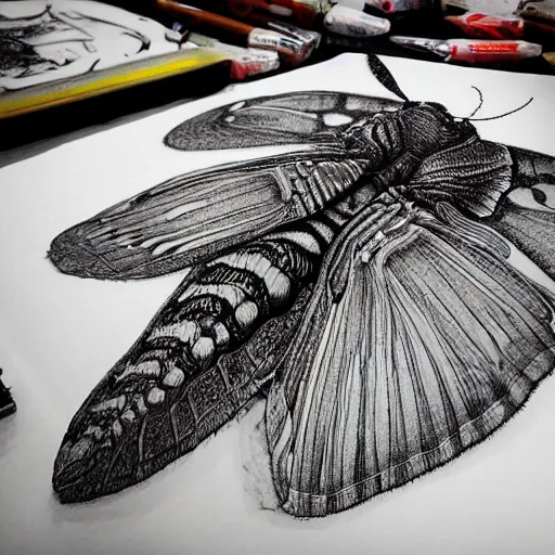 Image similar to giant moth. detailed. extremely high detail, photo realistic, cinematic lighting, pen and ink, intricate line drawings, by yoshitaka amano, ruan jia, kentaro miura, junji ito