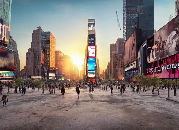 Prompt: film still of post apocalyptic empty time square at sunset, overgrown with wildlife walking through in the new sci - fi movie, 8 k