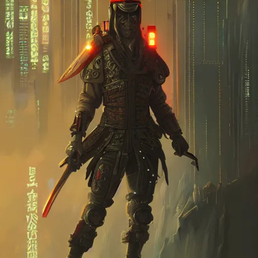 Image similar to cyberpunk samurai ,with techware , D&D, intricate, elegant, highly detailed, digital painting, japanese , altered carbon style,trending on artstation, concept art, illustration, art by Artgerm and Greg Rutkowski and Alphonse Mucha