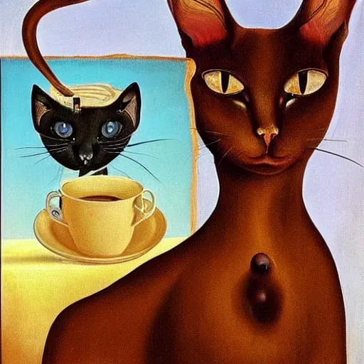 Image similar to A portrait of a siamese cat with long neck drinking coffee, oil painting by Salvador Dali