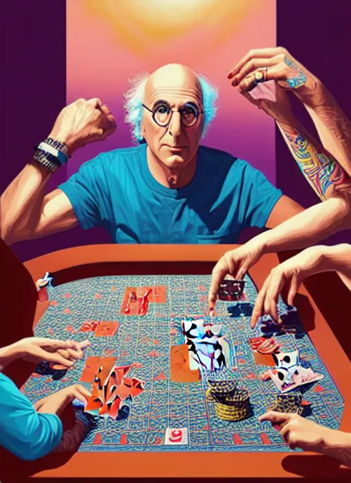 Prompt: larry david playing poker, tristan eaton, victo ngai, artgerm, rhads, ross draws