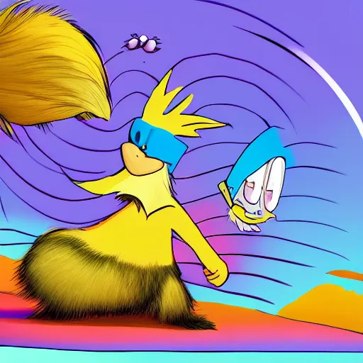 Image similar to dr. eggman pins down the lorax on a blue bed, the lorax looks back up at him longingly, ms paint drawing, digital art