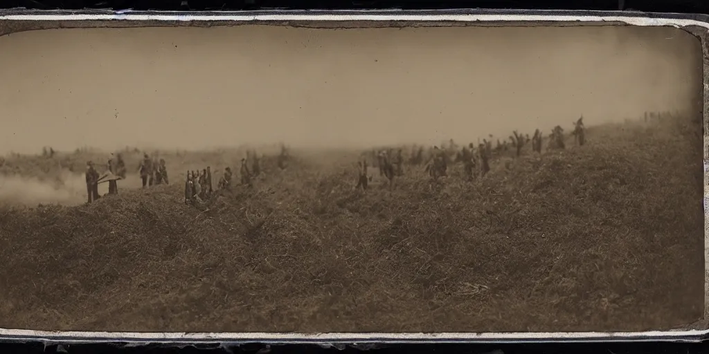 Prompt: american civil war trench battle, long wide trenches in the ground, tiny puffs of smoke, aerial view, tintype photograph