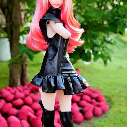 Image similar to anime barbie doll, leather bunny costume bodysuit, playboy, rabbit ears, plaid tights, full length, raspberry banana color, lace