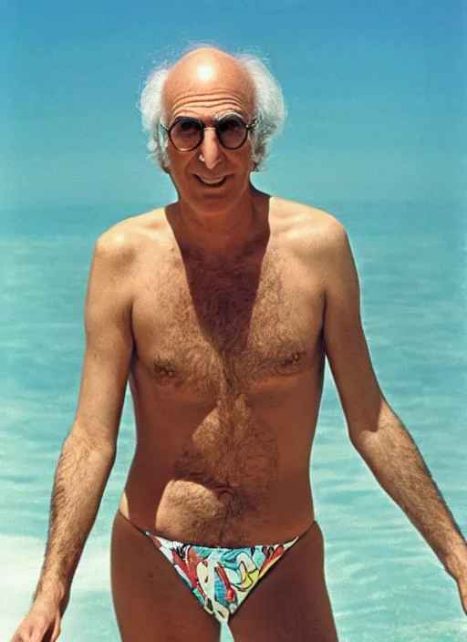 Prompt: larry david on the cover of swimsuit illustrated 1965