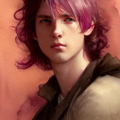 Image similar to young boy, pink hair, light eyes, gorgeous, amazing, delicate, elegant, intricate, highly detailed, watercolor, portrait, artstation, concept art, sharp focus, illustration, art by artherm and greg rutkowski and alphonse mucha