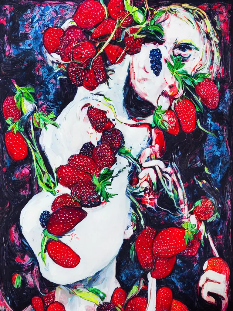 Image similar to “art in an Australian artist’s apartment, portrait of a woman wearing white cotton cloth, eating luscious fresh raspberries and strawberries and blueberries, edible flowers, black background, intricate, bold colour, acrylic and spray paint and oilstick on canvas”