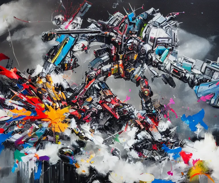 Image similar to acrylic and spraypaint concept art of a giant mechwarriors battling in space, explosions, graffiti wildstyle, large brush strokes, painting, paint drips, acrylic, clear shapes, spraypaint, smeared flowers, origami crane drawings, large triangular shapes, painting by ashley wood, totem 2, jeremy mann, masterpiece