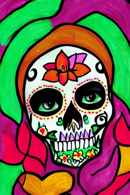 Prompt: Illustration of a sugar skull day of the dead girl, art by john hoyland