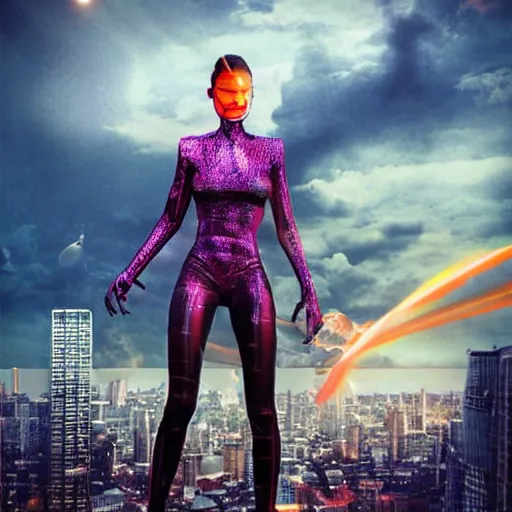 Image similar to a sci - fi woman on a city, city on fire, giant, photoshop, creative and cool, photo manipulation