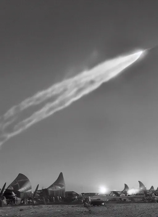 Image similar to in the night huge zeppelins fire over tents in the desert rockets and lasers, smoke, black sky, moon