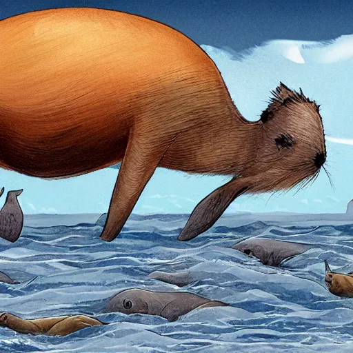 Image similar to capybaras converging on whale evolution, highly detailed concept art