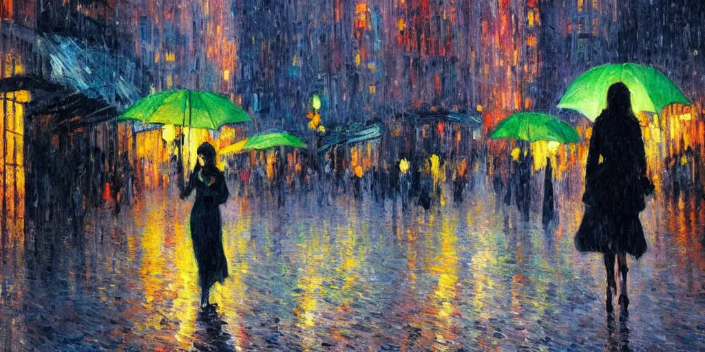 Image similar to evening city scene with young woman with umbrella. beautiful use of light and shadow to create a sense of depth and movement. neo - impressionism, using energetic brushwork and a limited color palette, providing a distinctive look and expressive quality in a rhythmic composition