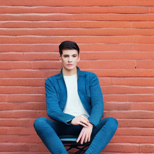 Image similar to full body photo of young man sitting on chair, perfect face, fine details, bokeh