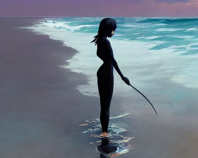 Image similar to a black cat wading into the ocean, beach, ripples, reflections, atmospheric. By Makoto Shinkai, Stanley Artgerm Lau, WLOP, Rossdraws, James Jean, Andrei Riabovitchev, Marc Simonetti, krenz cushart, Sakimichan, trending on ArtStation, digital art.