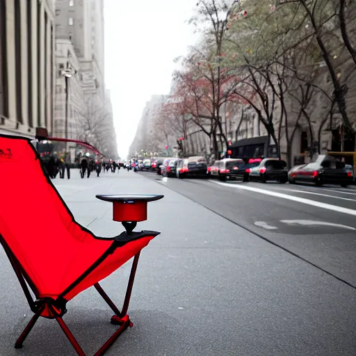 Image similar to a red camping chair in the middle fifth avenue.