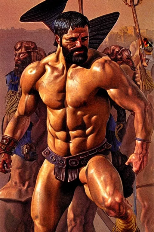 Image similar to Gladiator, muscular, detailed face, correct face, painting by Moebius