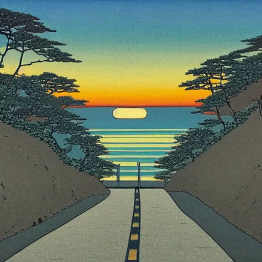 Prompt: A road by the sea, as the sun sets on the horizon, in the style of kawase hasui