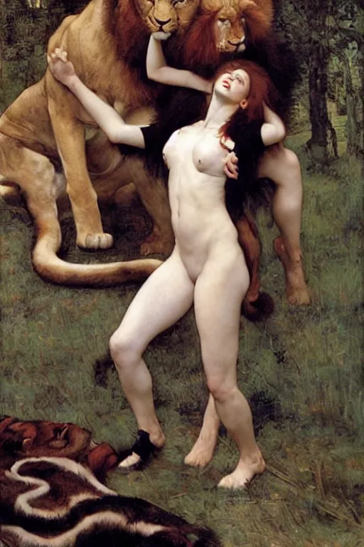 Image similar to scarlett johansson as a lion tamer by edgar maxence and caravaggio and michael whelan and delacroix