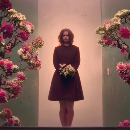 Prompt: movie still of the girl with the flowers instead of head, cinematic composition, cinematic light, by edgar wright and david lynch