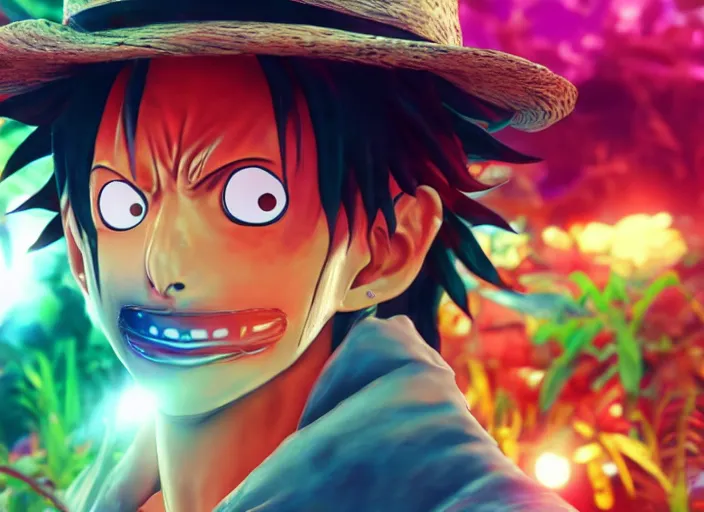 Image similar to a cg render of a colorful luffy in a noir galactic jungle, 8 k, unreal engine, detailed, hyperrealistic, octane