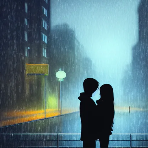 Prompt: hugging the love of your life in the rain at night in a modern chinese city on a bridge, buildings in background, volumetric lighting, realistic illustration, perfectly shaded, soft painting, dreamlike, moody lighting, artstation, backlight, bokeh, silhouette