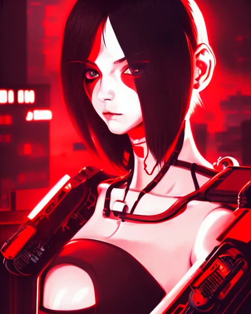 Image similar to a detailed potrait of a cyberpunk cyborg girl with black and red parts, perfect face, realistic shaded perfect face, detailed. night setting. very anime style. realistic shaded lighting poster by ilya kuvshinov katsuhiro, unreal engine, global illumination, radiant light, detailed and intricate environment