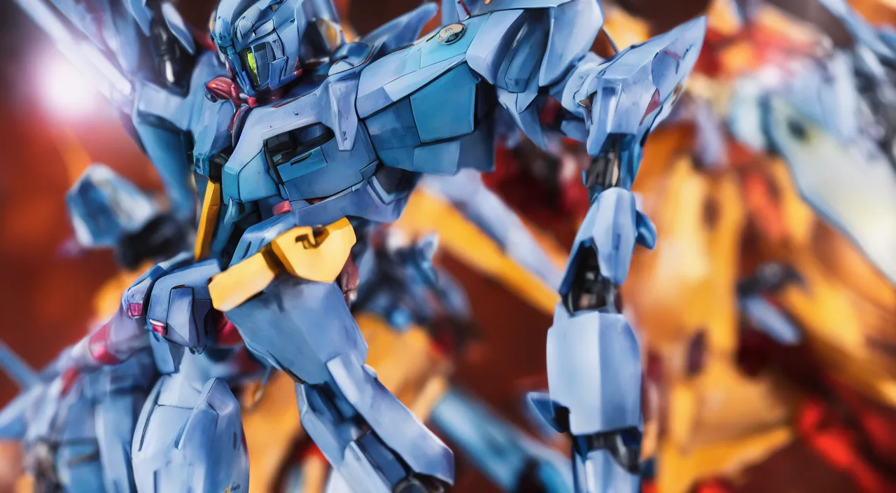 Image similar to medium close up view, Gundam,Guyver,colourful,bokeh,blur,cinematic lighting