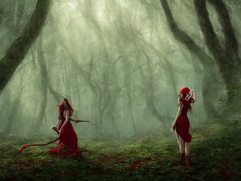 Prompt: a female beauty with red cap rides slowly through a dense misty green oak and beech forrest, rays of life, cinematic, fantasy art, moody morning light, cryengine, trending on artstation, by cynthia sheppard, by naoto hatori, by tyler jacobson, by john howe, by ridley scott, by peter jackson, by chris rahn