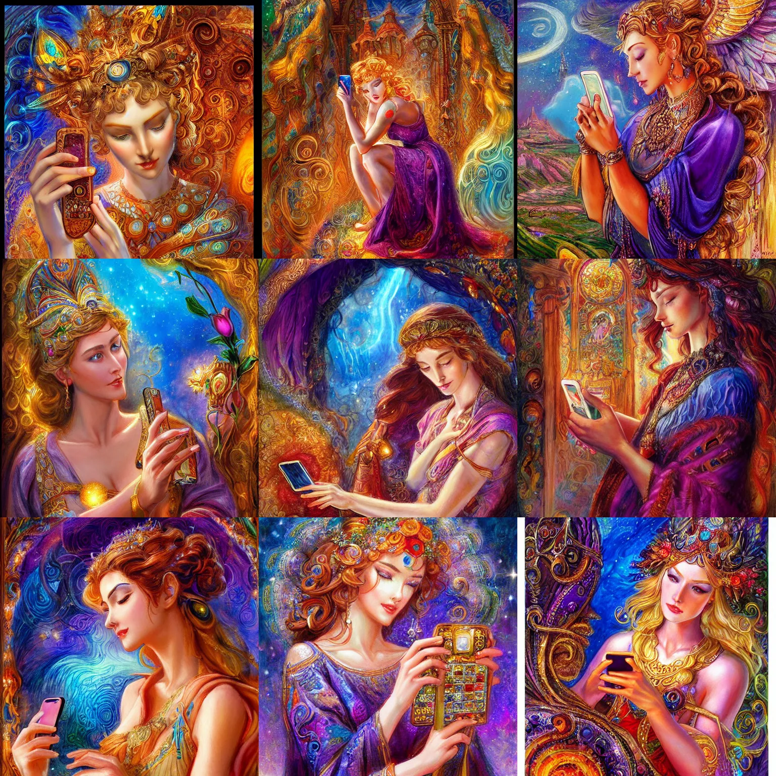 Prompt: goddess checking her phone by senior concept artist josephine wall, trending on artstation