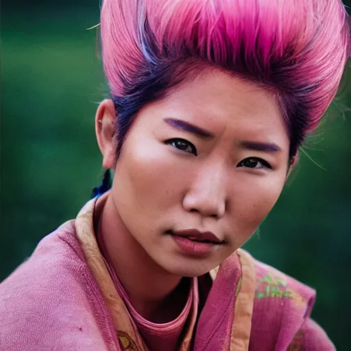 Image similar to a beautiful asian woman with pink hair and tan skin, portrait photograph, nikon 3 5 mm, photograph by annie leibovitz and steve mccurry,
