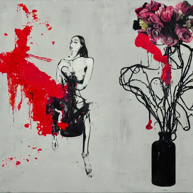 Image similar to empty room with black walls, sensual portrait of a woman, broken vase, spilled flowers, puddle of water, octopus, squashed berries, neo - expressionism, surrealism, acrylic and spray paint and oilstick on canvas