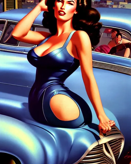 Image similar to gta v, low angle shot, beautiful retro space megan fox varga girl posing on a car in diesel punk city, windblown dark hair, retro pinup model, seductive, 1 9 4 0, hyper detailed, digital art, smooth, sharp focus, gil elvgren, anna dittmann alberto vargas,