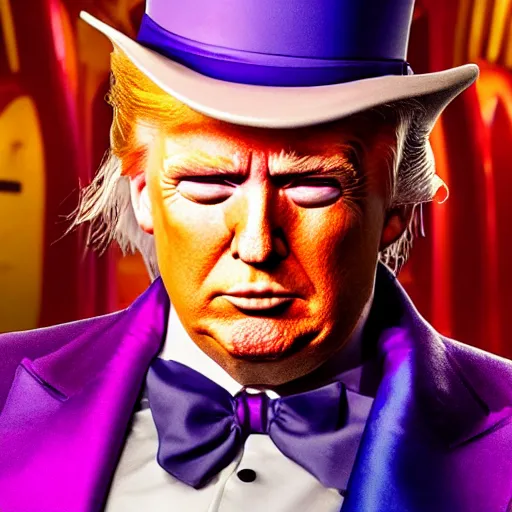 Image similar to donald trump as willy wonka in avengers movie, fantasy, splash art, avengers movie, movie still, detailed face, photorealistic facial features, cinematic lighting, dramatic, octane render, long lens, shallow depth of field, bokeh, anamorphic lens flare, 8 k, hyper detailed, 3 5 mm film grain