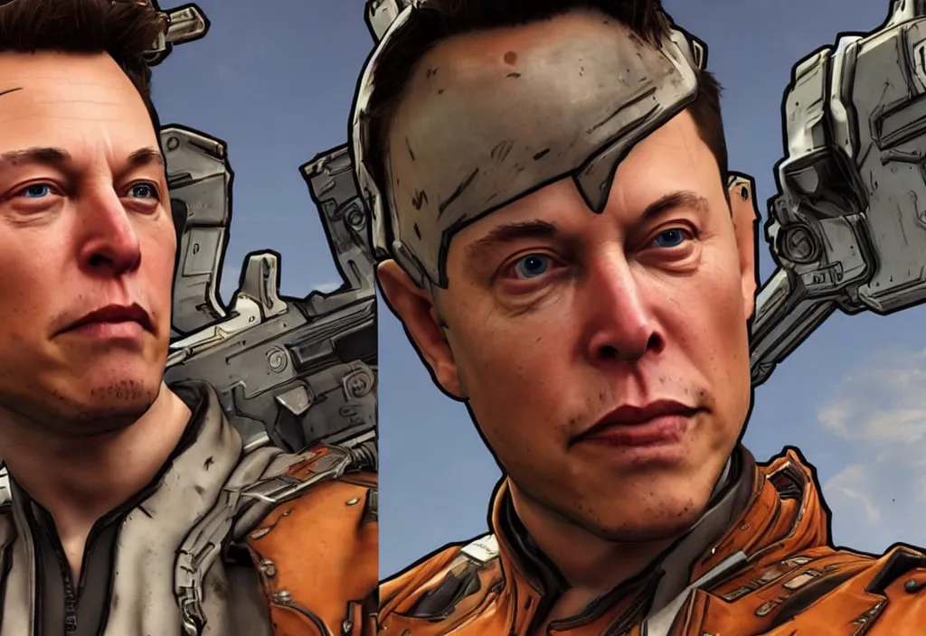 Image similar to elon musk in borderlands elon musk in the video game borderlands, gameplay screenshot, close up, 3 d rendering. unreal engine. amazing likeness. very detailed.