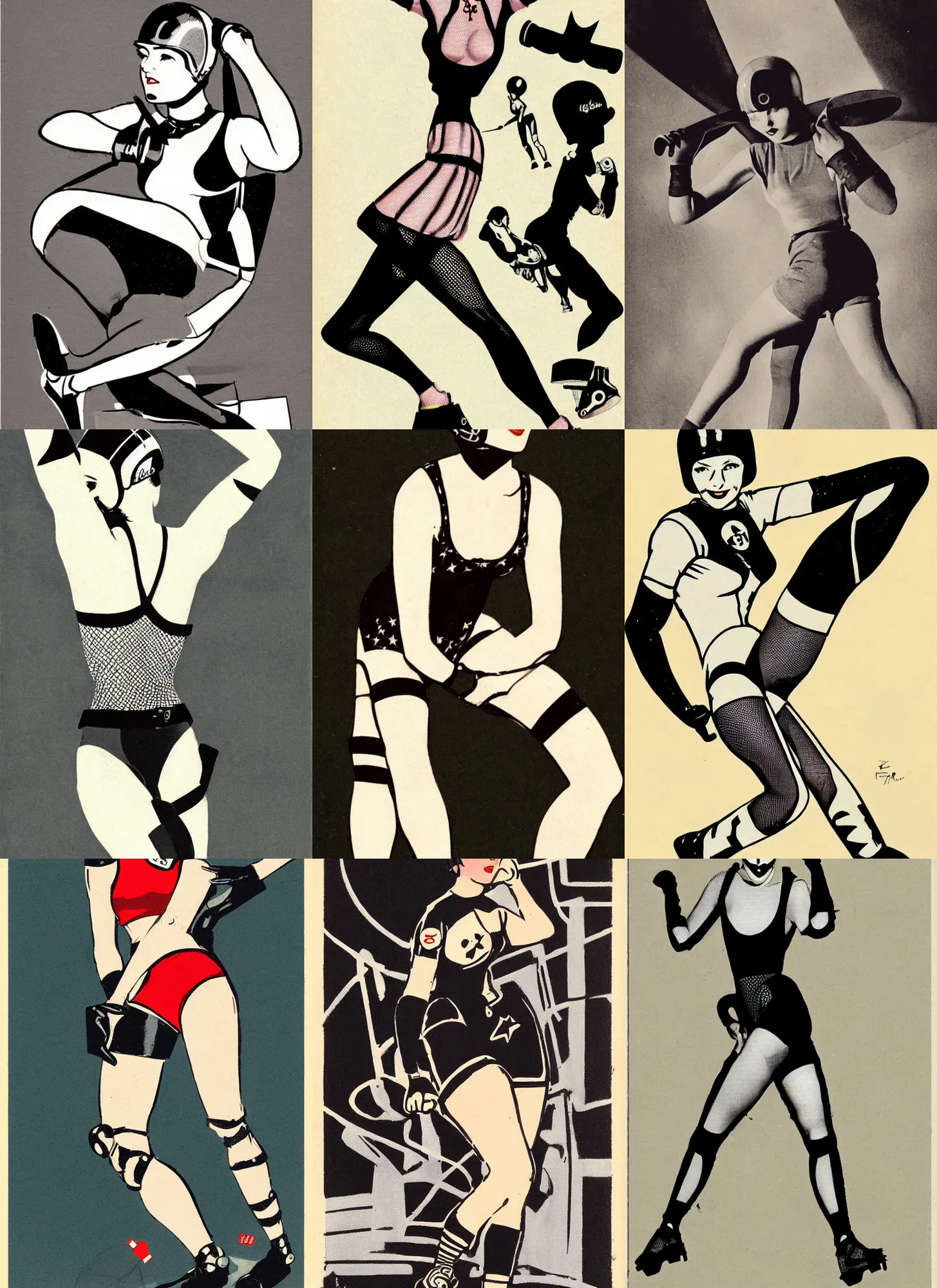 Prompt: 1950s logo of a roller derby girl (Mary Louise Brooks) doing Cross-Over, wearing skate helmet, knee pads, elbow pads, fishnet tights, showing off biceps, illustration by greg rutkowski and mcbess, 1950s