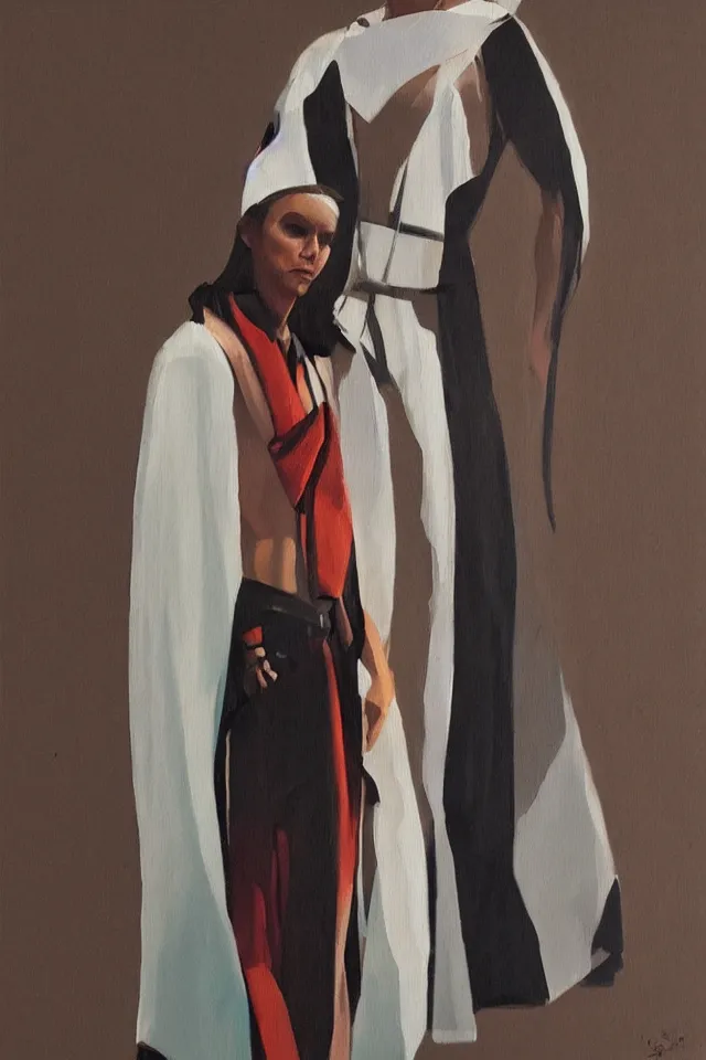 Image similar to sfumato renaissance oil painting of a modern shaman, modern minimal isei miyake outfit, in the style of lara jade, syd mead, concept art