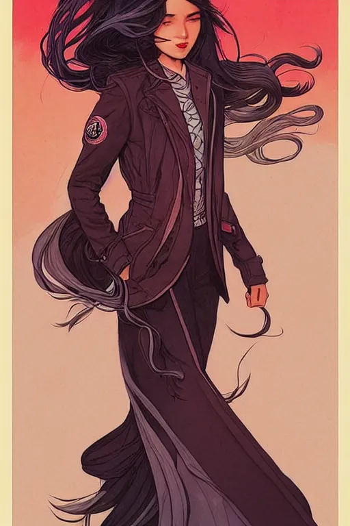 Prompt: concept art design illustration, teen girl walking away alone street flowing hair, fantasy book cover illustration!!, 1 6 colors, logo, ink drawing, art by jc leyendecker and sachin teng