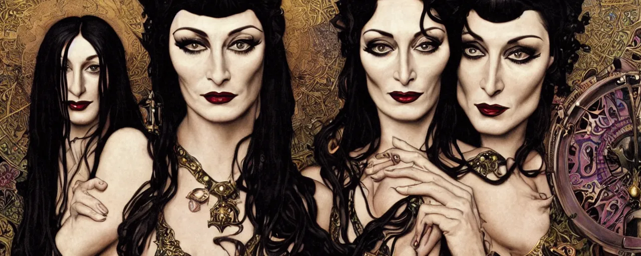 Prompt: stunning exotic art nouveau portrait of anjelica huston and morticia addams as industrial dieselpunk queens of the night by glenn fabry, simon bisley and alphonse mucha, photorealism, extremely hyperdetailed, perfect symmetrical facial features, perfect anatomy, ornate declotage, spikes, latex, confident expression, wry smile, sinister eyes