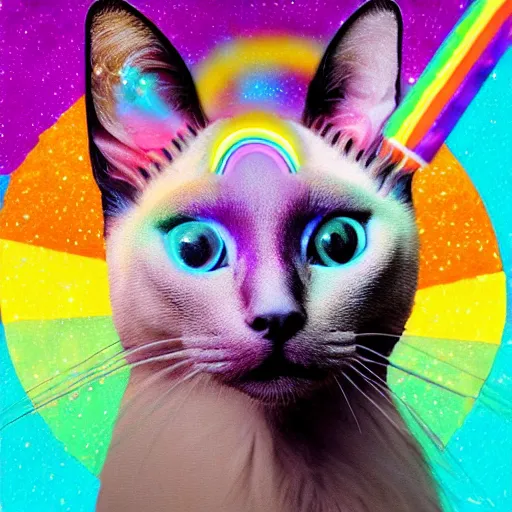 Image similar to siamese cat with a unicorn horn, rainbow background, sparkly aura around cat