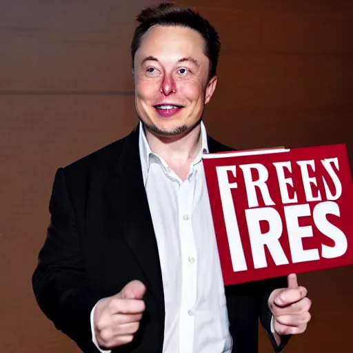 Image similar to Elon Musk holding a sign saying Free Hotdogs, highly detailed, high quality, HD, 4k, 8k, Canon 300mm, professional photographer, 40mp, lifelike, top-rated, award winning, realistic, sharp, no blur, edited, corrected, trending