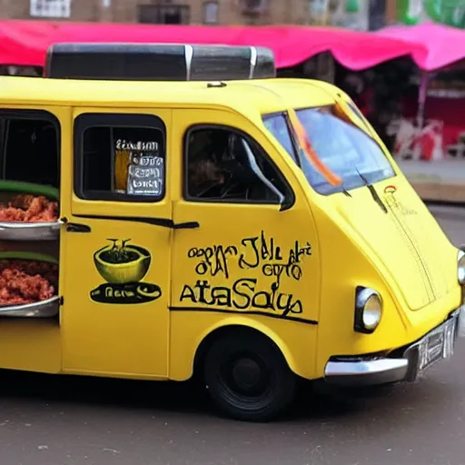 Image similar to a taco car called the smelly cat, with apple salsa and sprinting hitler