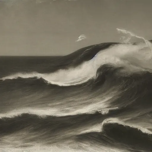 Prompt: by edwin austin abbey, by max dupain jaunty. the digital art of a huge wave about to crash down on three small boats. the boats are filled with people, & they all look terrified.