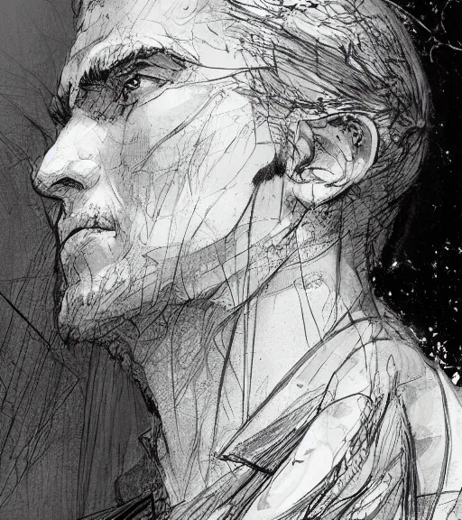 Image similar to portrait of shaven man with blond ponytail hair up wearing black robes, pen and ink, intricate line drawings, by craig mullins, ruan jia, kentaro miura, greg rutkowski, loundraw